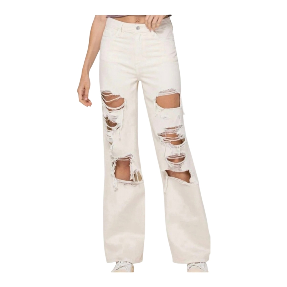 Vervet Los Angeles Distressed Wide Leg Cream Jeans, Size 26, NWT
